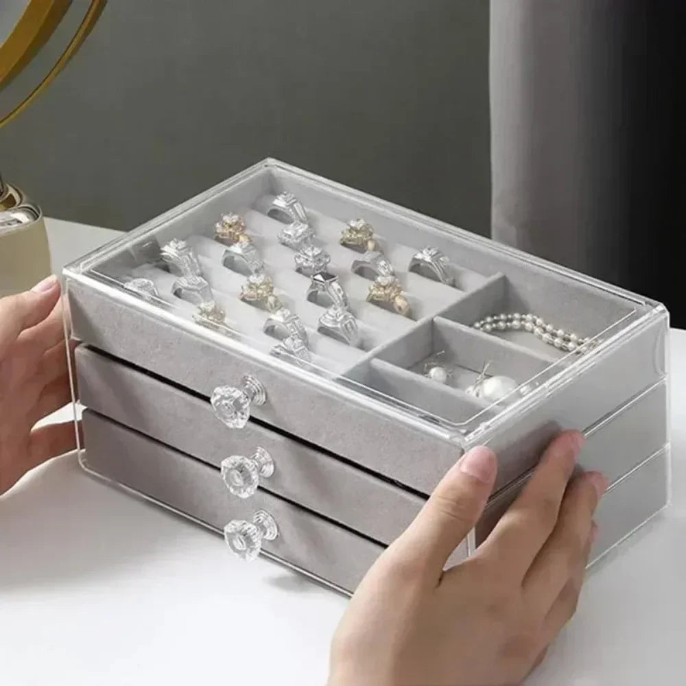 Joyero de Terciopelo y Acrílico con 3 Cajones Apilables | Organizador de Joyería para Collares, Pulseras y Aretes
