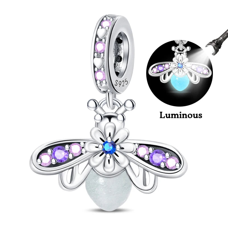 100% 925 Sterling Silver Creative Blue Luminous Firefly Charms Pendants Fit Qikaola 925 Original Bracelets DIY Birthday Jewelry
