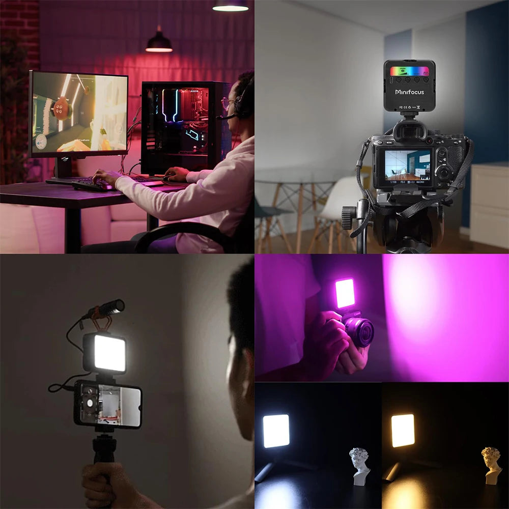 Mini luz LED RGB portátil – Luz de relleno para cámara, smartphone, GoPro y laptop, 2500K-7000K, recargable con 3 soportes Cold Shoe