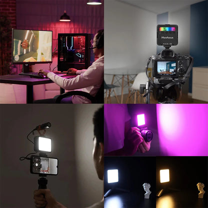 Mini luz LED RGB portátil – Luz de relleno para cámara, smartphone, GoPro y laptop, 2500K-7000K, recargable con 3 soportes Cold Shoe