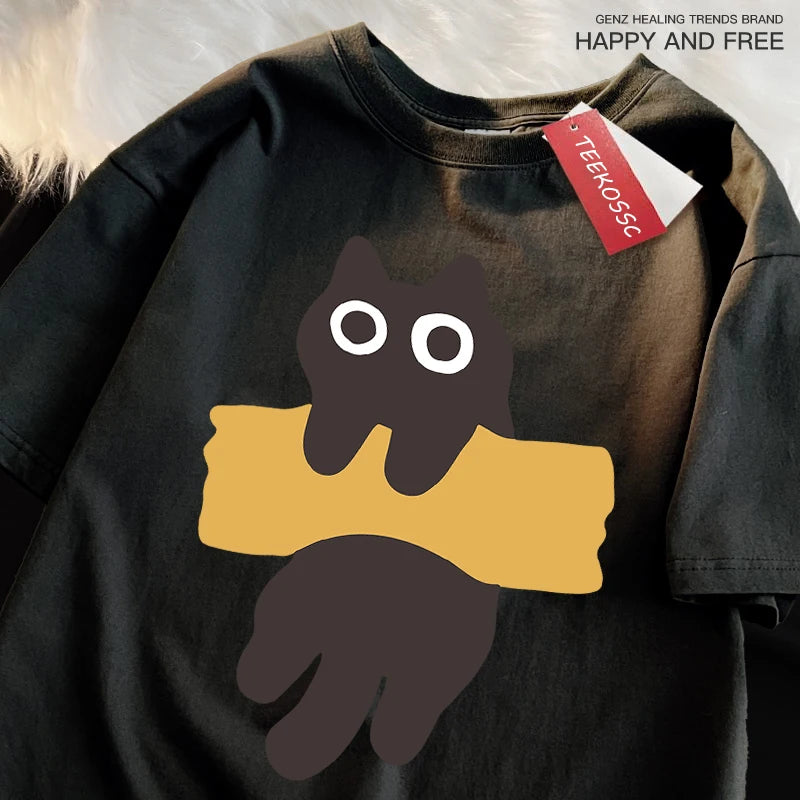 Camiseta Oversize con Estampado de Gato – T-shirt Manga Corta Estilo Japonés Unisex, Algodón, Cuello Redondo