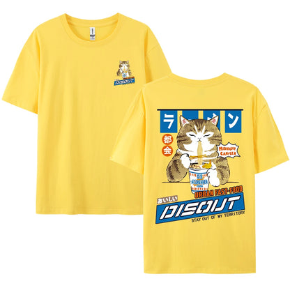 Camiseta Unisex 2025 | Estilo Harajuku con Gato y Noodles Gráfico