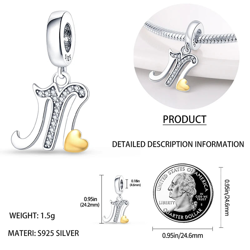 Charm letras alfabeto inglés de plata 925 – Colgante inicial A-Z para pulsera tipo Pandora, joyería DIY personalizada