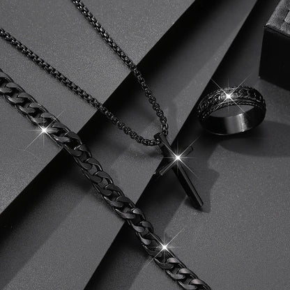 Set de Joyería para Hombre 3 Piezas – Collar con Cruz, Pulsera y Anillo en Acero Inoxidable Estilo Hip Hop