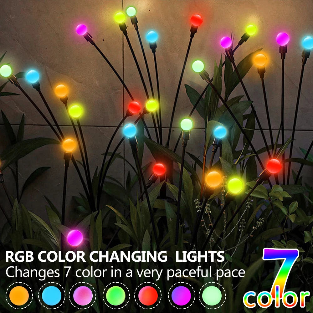 Luces Solares Firefly Impermeables – 8/10/40 LEDs RGB o Blanco Cálido para Jardín, Patio y Decoración Exterior