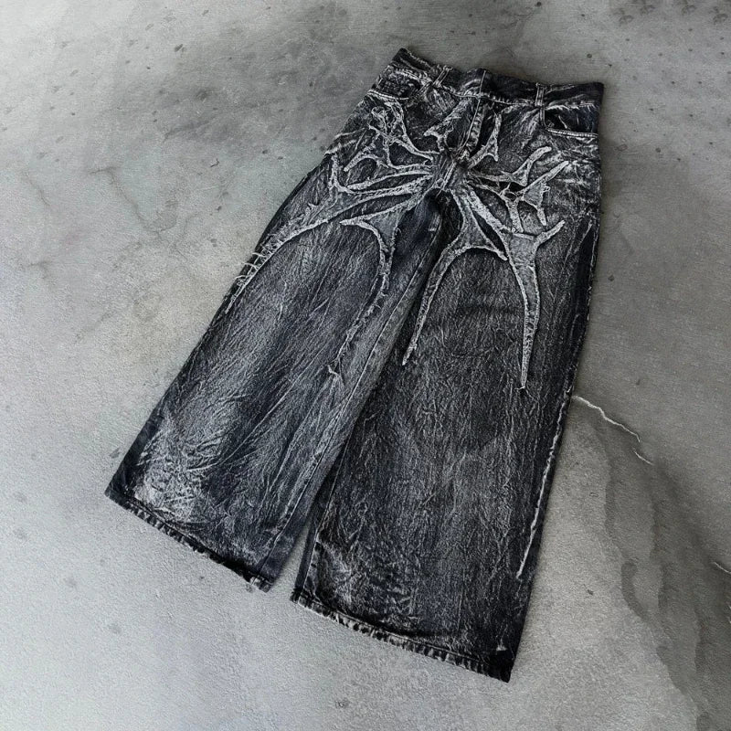 Jeans Oversize Y2K Phantom Unisex | Pantalones Baggy Estilo Hip Hop Streetwear con Parche Bordado Araña Gótico Retro