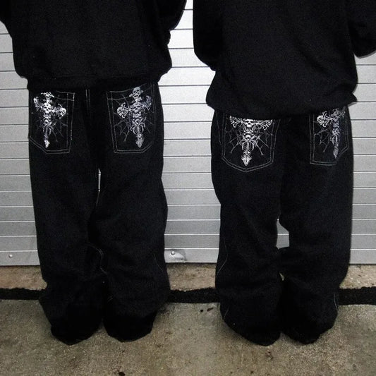 Jeans Oversize Hombre Y2K Gótico Rock | Pantalones Anchos Estampado Calavera Skeleton Streetwear Hip Hop Harajuku