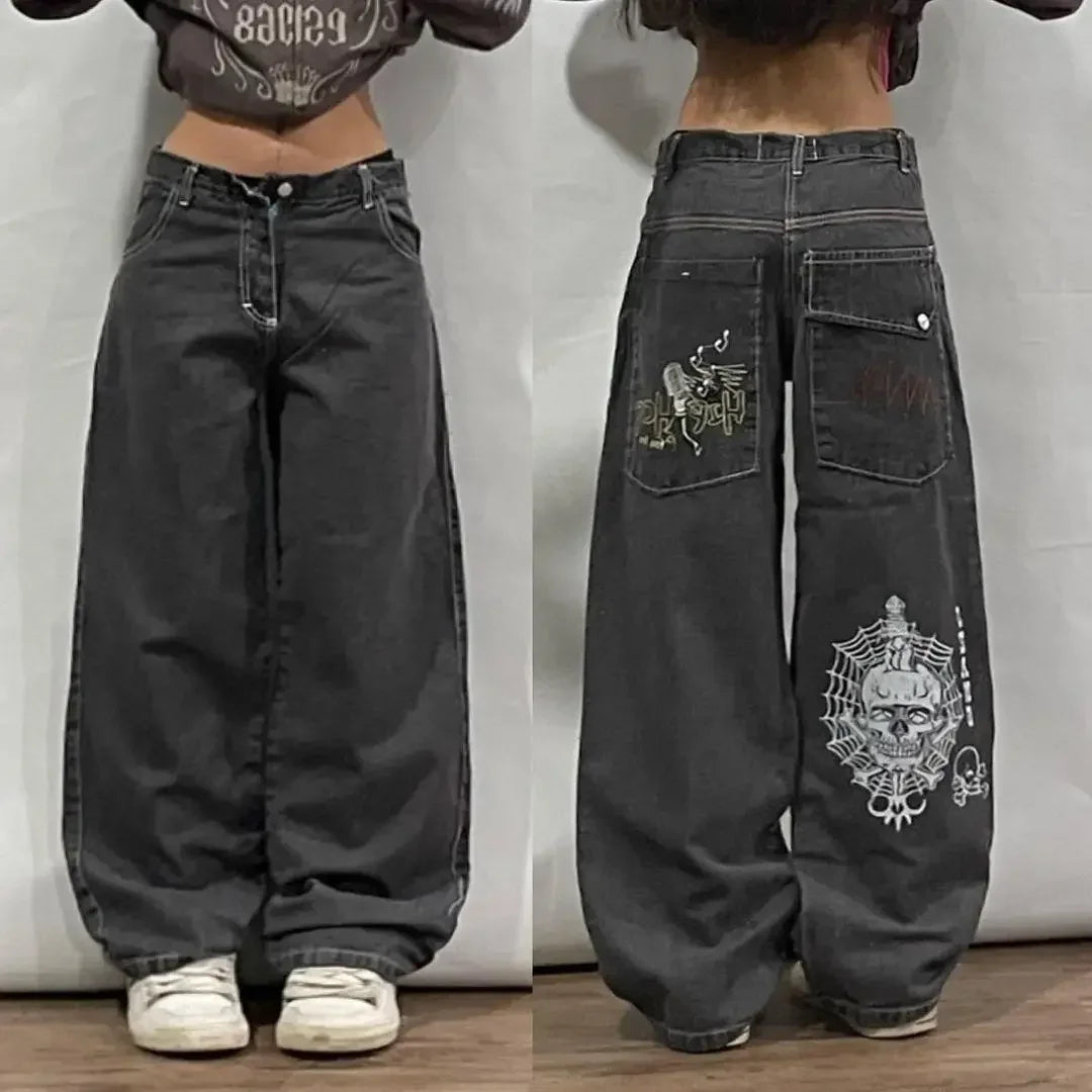 Jeans Streetwear de Cintura Alta para Hombre – Pantalones Oversize Y2K Retro Harajuku con Bordados Estilo Hip Hop Gótico