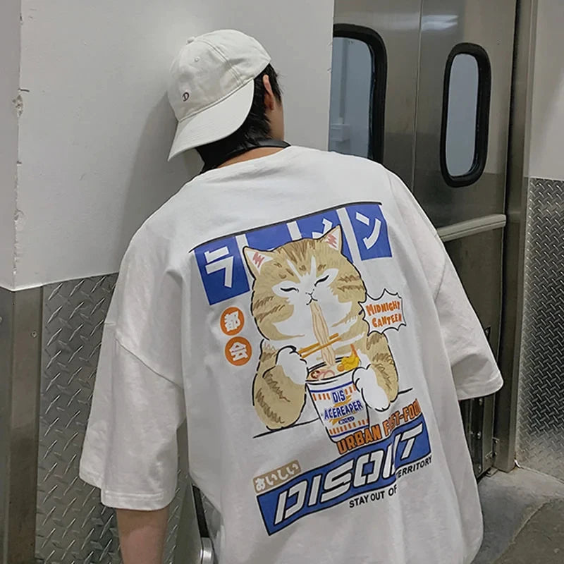 Camiseta Unisex 2025 | Estilo Harajuku con Gato y Noodles Gráfico
