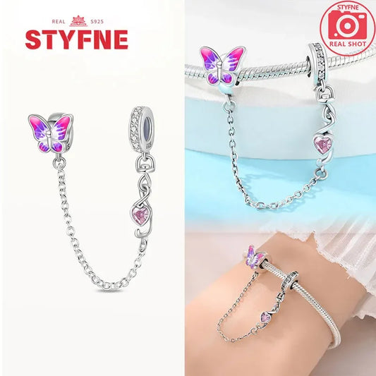 Charm Gato con Corazón de Plata 925 | Cadena de Seguridad para Pulseras Pandora Mujer
