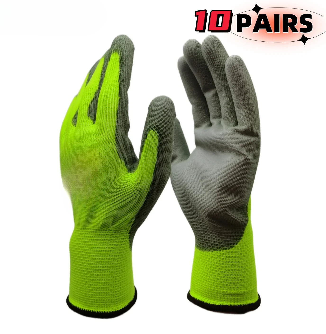 10 Pares Guantes de Trabajo PU 🧤 Antideslizantes, Resistentes y Ligeros – Guantes de Seguridad Certificados EN 388/ISO20471 (Tallas S/M/L/XL)