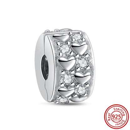 Charm Clip Plata 925 con Corazones, Corona y Concha | CZ Pavé Brillante | Compatible Pandora Original