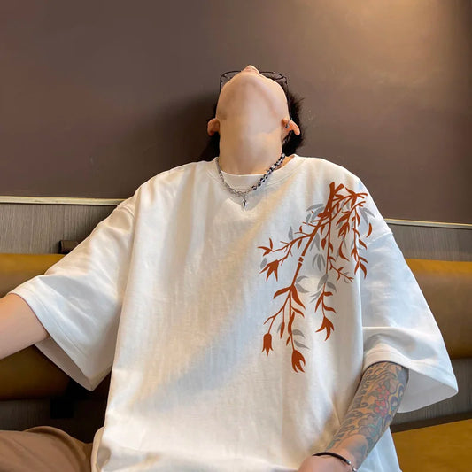 Camiseta Oversize de Algodón para Hombre | Estampado Bambú, Casual de Verano hasta 5XL