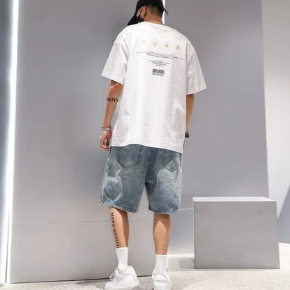 Light Blue Loose Bermuda Short Jeans Pants for Men Original Y2k Fashion Summer Popular Cut Distressed New In Xl Man Denim Shorts