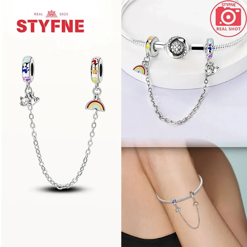 Charm Gato con Corazón de Plata 925 | Cadena de Seguridad para Pulseras Pandora Mujer