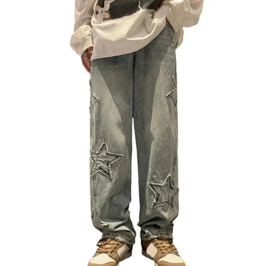 Jeans Vintage Azul Oversize Estilo Coreano | Pantalones Vaqueros Rectos Pierna Ancha Unisex Streetwear Grunge con Estrellas