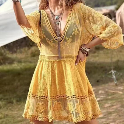 Vestido Playero Encaje Mujer | Salida de Baño Bikini Cover Up Kimono Corto V-Cuello