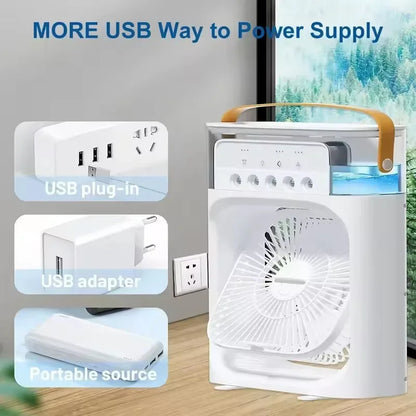 3 en 1 Mini Aire Acondicionado Portátil ❄️ Ventilador + Humidificador + Luz Nocturna | Enfriador de Escritorio USB Recargable