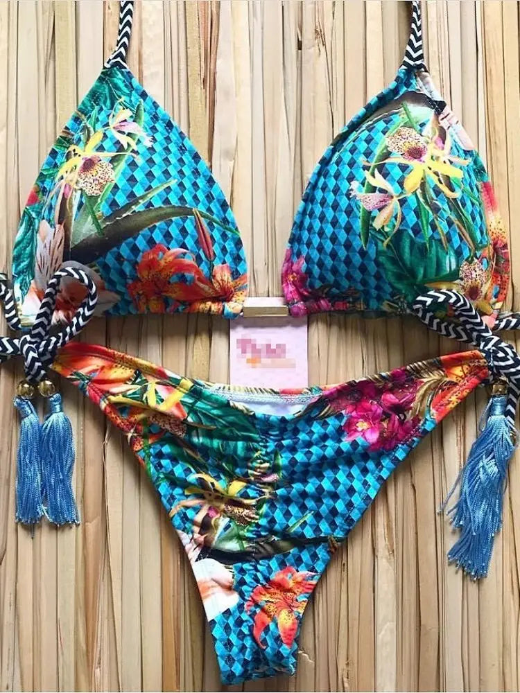 RUOTONGSEPT Micro Bikini Mujer 2025 | Estampado Plumas Bandage Brasileño