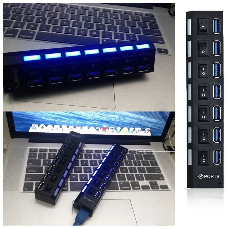 Coolcirc Hub USB 2.0 con 7 Puertos y Switch Individual | Extensor USB para PC, Laptop y Desktop
