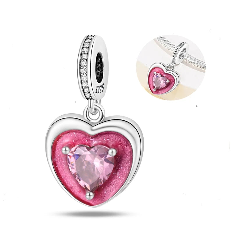 New in 925 Sterling Silver Red Color Series Heart-Shaped  Charm Beaded Fit Original 3mm Woman Bracelet Lucky DIY Jewelry Gifts