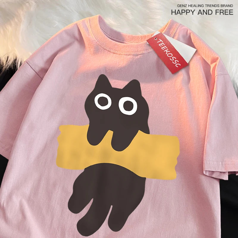 Camiseta Oversize con Estampado de Gato – T-shirt Manga Corta Estilo Japonés Unisex, Algodón, Cuello Redondo