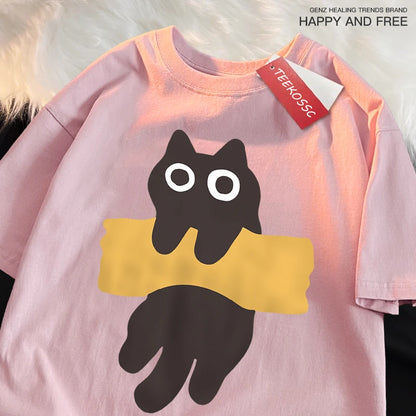 Camiseta Oversize con Estampado de Gato – T-shirt Manga Corta Estilo Japonés Unisex, Algodón, Cuello Redondo