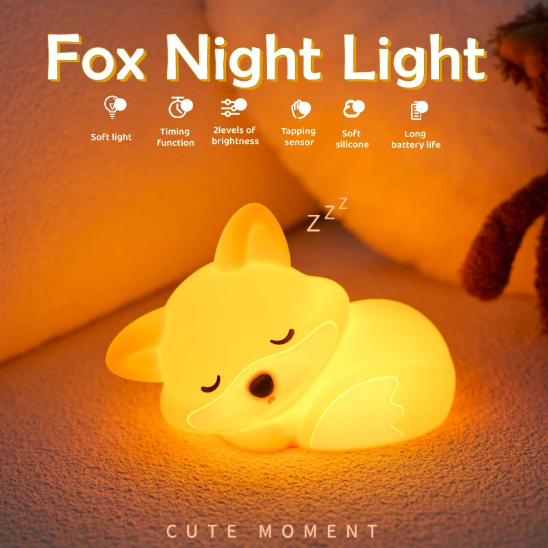 Lámpara de Noche de Silicona LED – Conejo/Zorro, Recargable con Sensor Táctil y Temporizador, Luz Regulable para Dormitorio Infantil