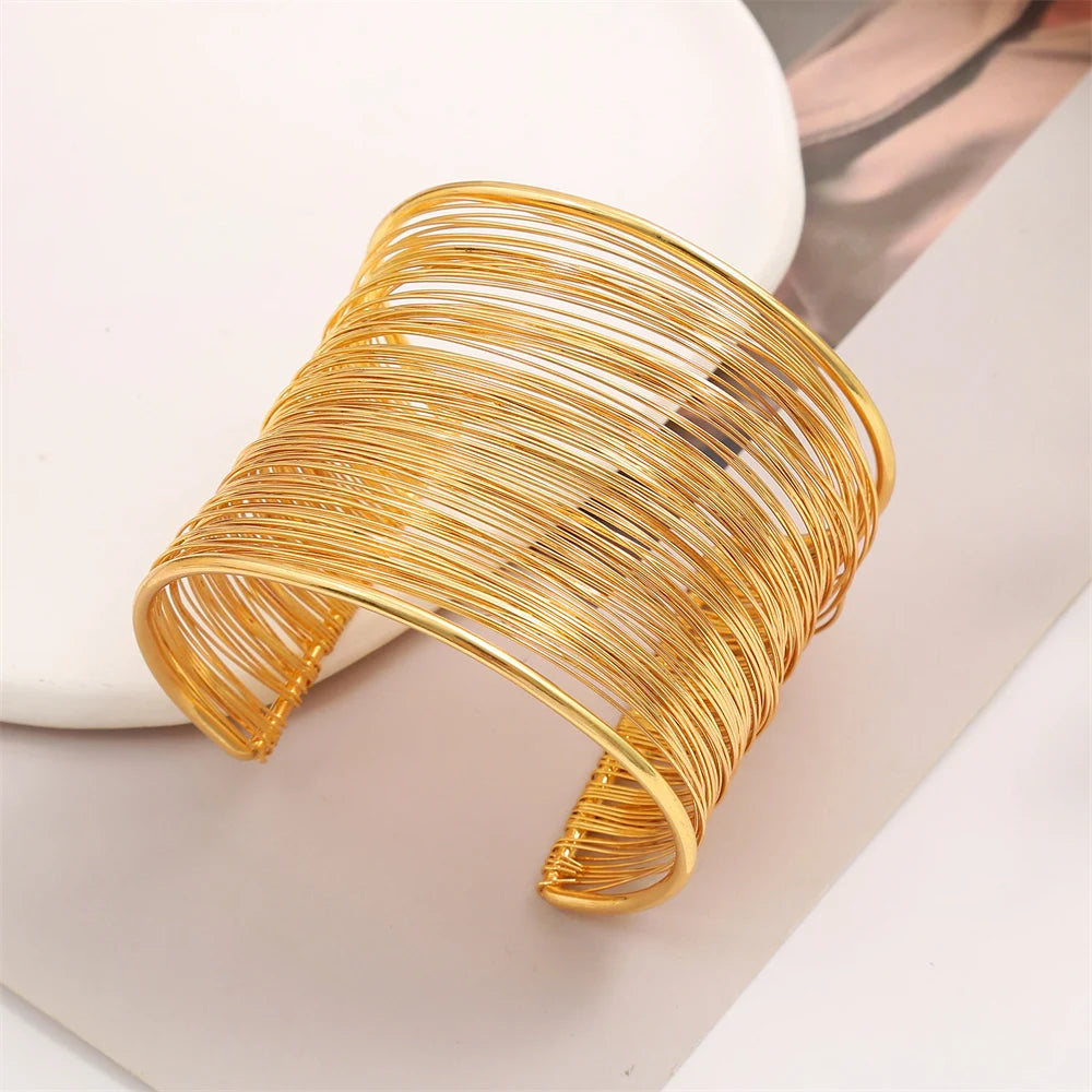 Brazalete Vintage Dorado Ancho | Pulsera Cuff de Alambre en Capas para Mujer Estilo Punk