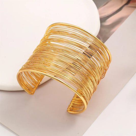 Brazalete Vintage Dorado Ancho | Pulsera Cuff de Alambre en Capas para Mujer Estilo Punk