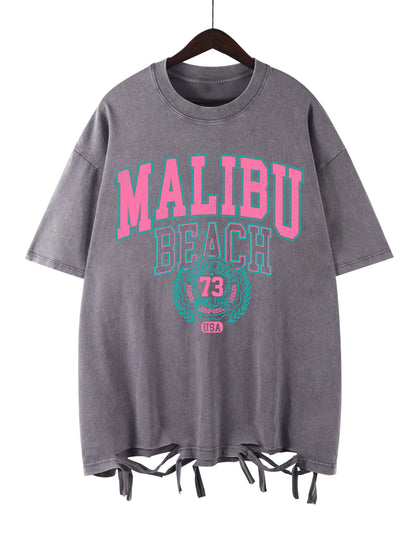 Camiseta Oversize Malibu Beach | T-Shirt Algodón Estampado Letras Estilo Lavado
