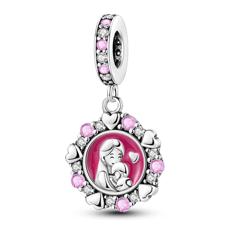 Charm Corazón Mamá e Hija en Plata 925 – Colgante Clásico para Pulseras Tipo Pandora, Regalo Día de la Madre