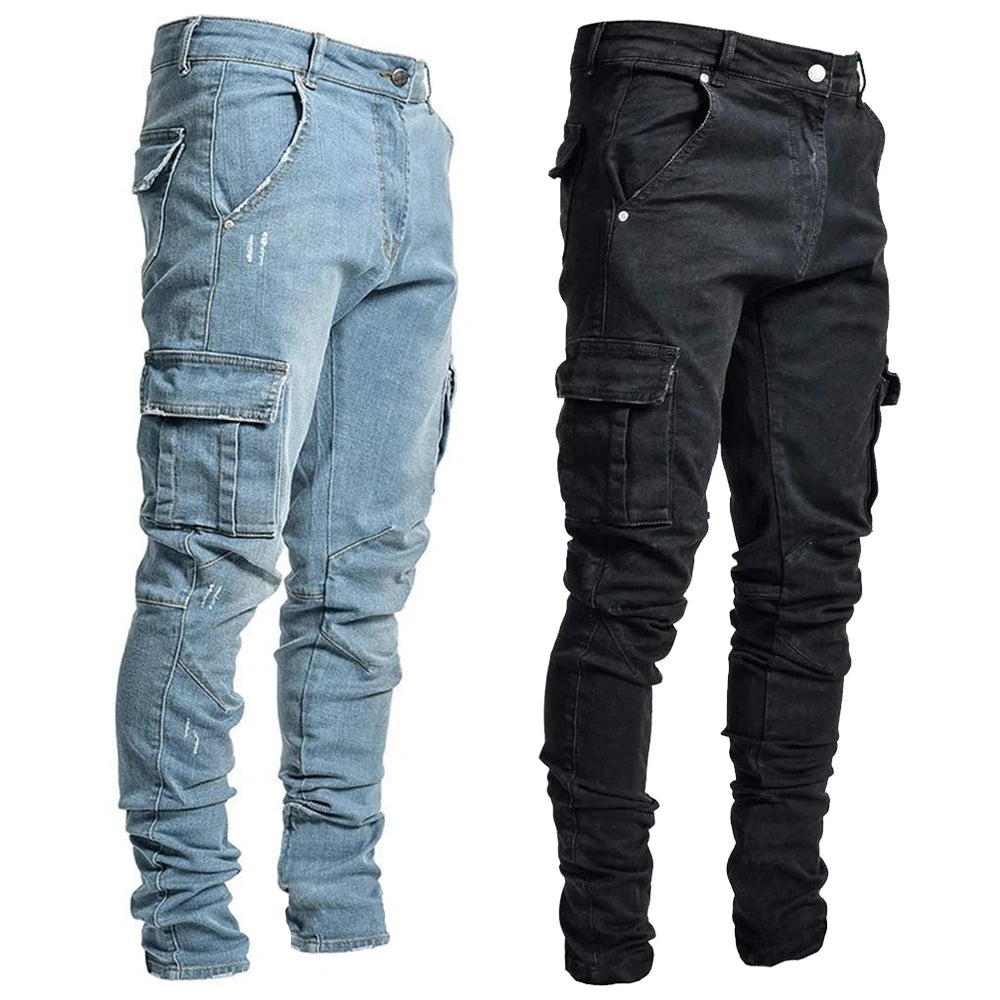 Jeans Cargo Hombre Slim Fit | Pantalón Denim Elástico con Bolsillos Múltiples Streetwear Casual