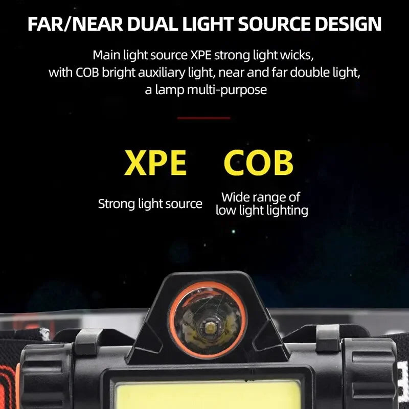 Linterna Frontal Recargable USB LED COB | Faro de Cabeza Súper Brillante, Magnético, Impermeable para Pesca y Actividades al Aire Libre