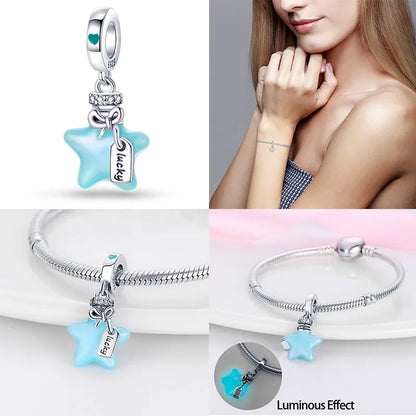 Charm luna y estrellas luminoso plata 925 – Abalorio brillante para pulsera tipo Pandora mujer