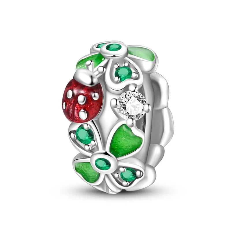 Charm de Plata S925 Mariquita de Siete Puntos y Trébol de la Suerte – Abalorio Colorido y Brillante para Pulseras Originales