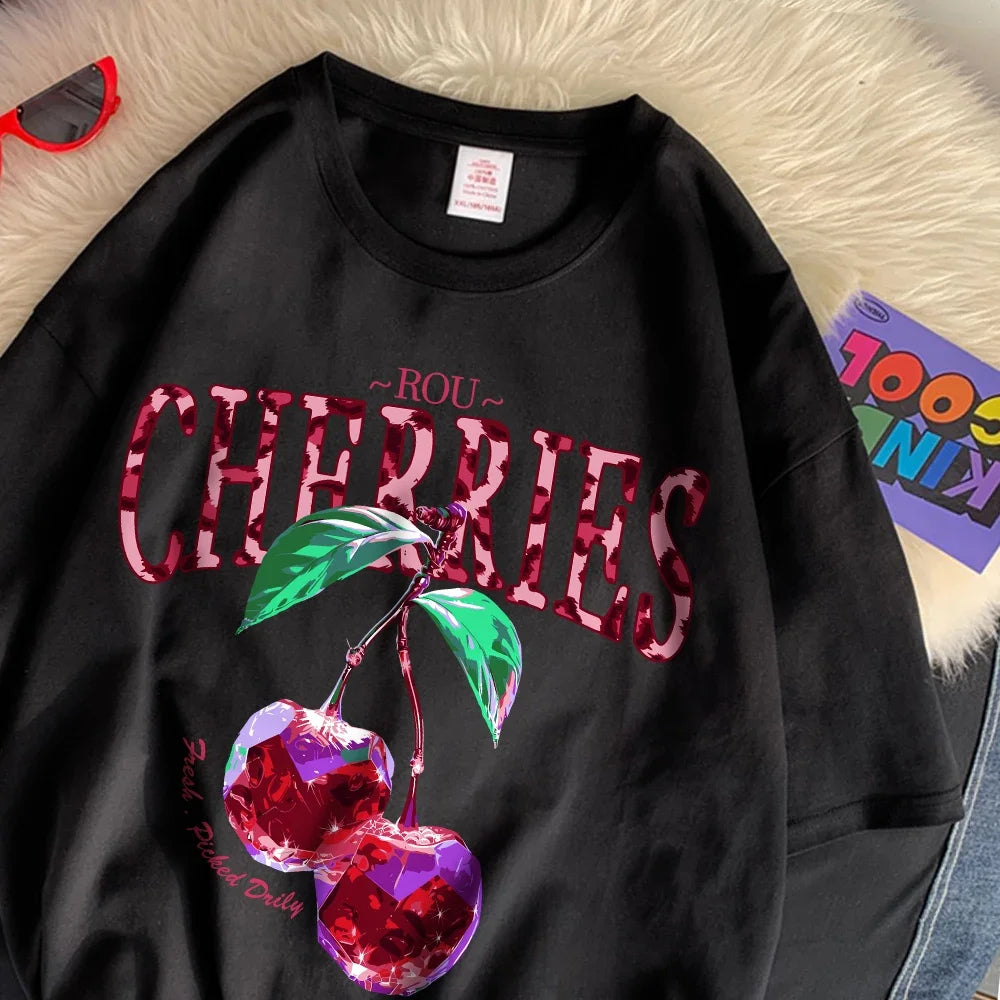 Camiseta Oversize Mujer Algodón | Estampado Cerezas Cristal Morado Casual Verano