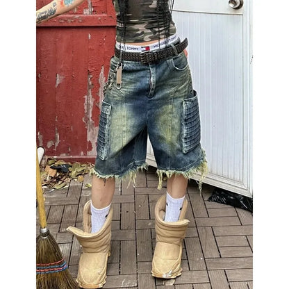 Pantalón Cropped Oversize Mujer | Jeans Rectos Retro Americanos con Bolsillos Grandes