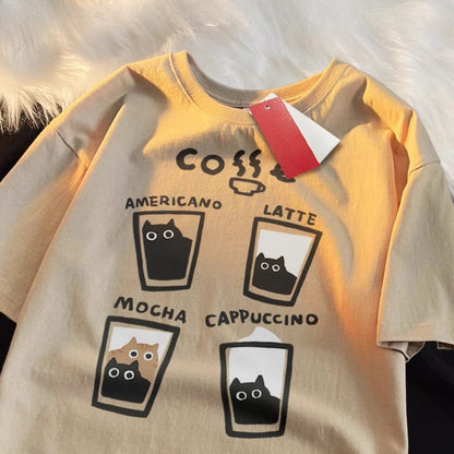 Camiseta Oversize Unisex | Estampado Gatito Café Crema Verano Streetwear