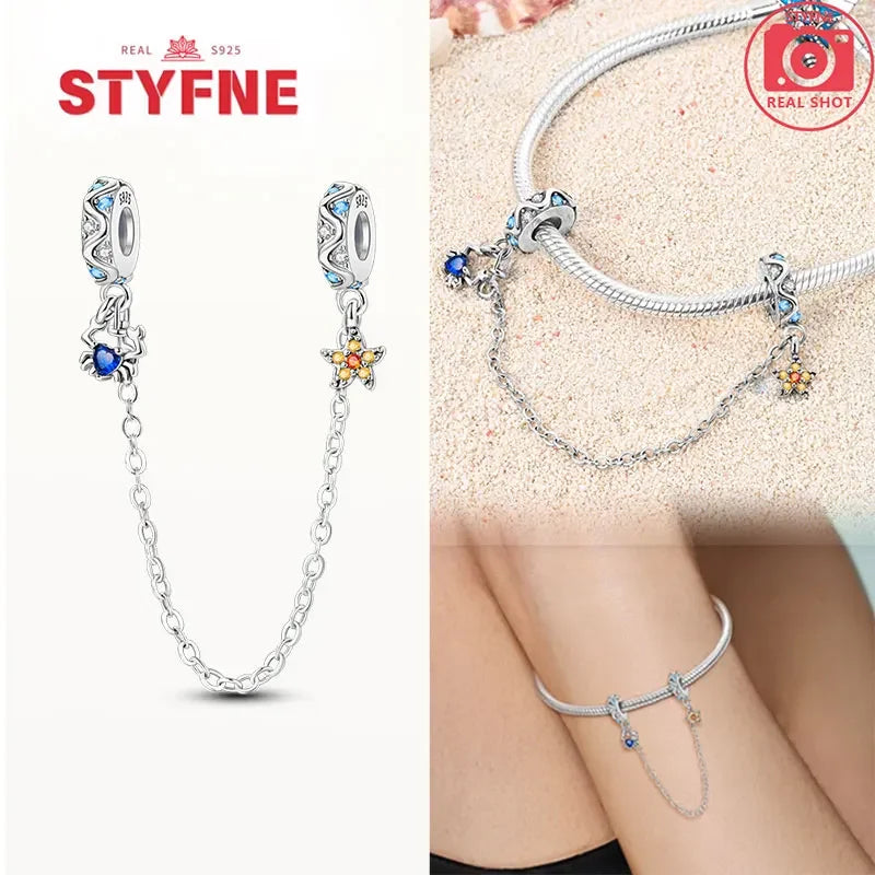 Charm Gato con Corazón de Plata 925 | Cadena de Seguridad para Pulseras Pandora Mujer