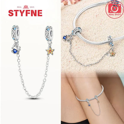 Charm Gato con Corazón de Plata 925 | Cadena de Seguridad para Pulseras Pandora Mujer