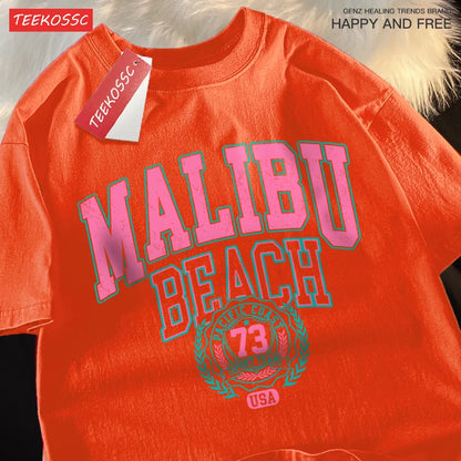 Camiseta Oversize Malibu Beach – T-shirt Casual Unisex con Estampado de Letras, Algodón, Cuello Redondo