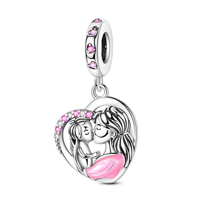 Charm Plata 925 Día de la Madre | Dije Corazón Rosa Love Mom Compatible Pandora Pulsera Collar Mujer