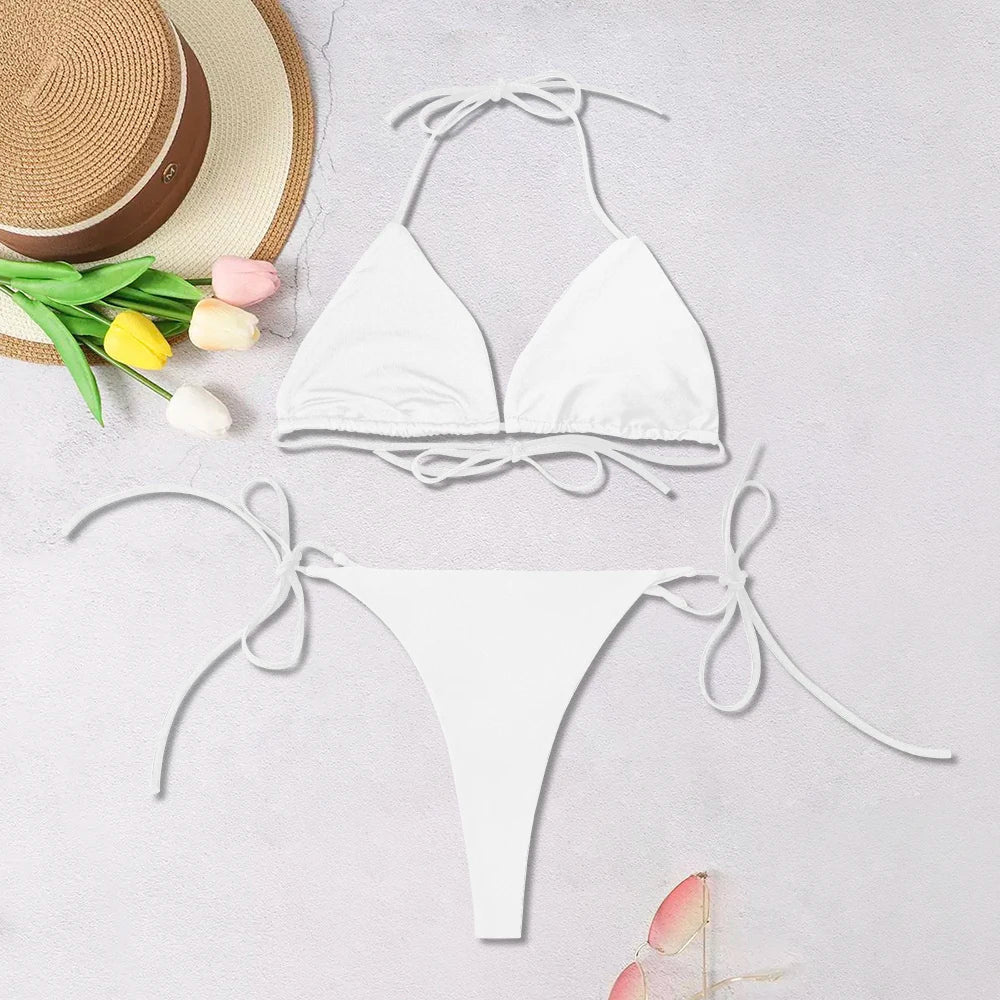 Bikini Sexy Mujer 2025 | Halter Tres Puntos Sólido Ajustable Espalda Descubierta