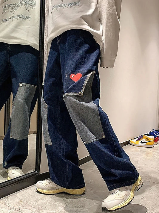 Jeans Cargo Harajuku Anchos para Hombre – Pantalones Vaqueros Baggy Oversize con Corazón Estilo Recto Streetwear Vintage Y2K Hip Hop