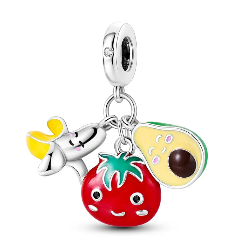 Charms de Plata 925 Frutas (Fresa, Cereza, Manzana y Aguacate) – Abalorios Coloridos para Pulseras Originales