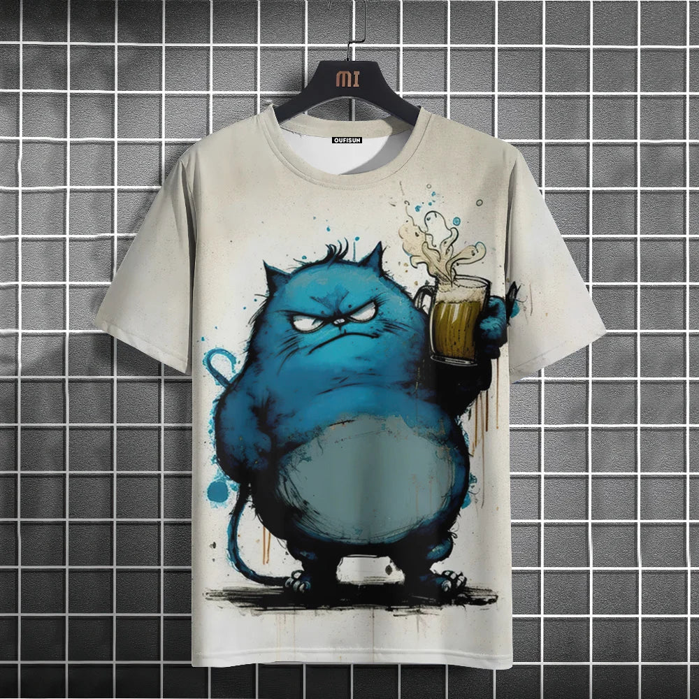 Camiseta Oversized Hombre y Mujer | Verano 2025 | Estampado Gato Divertido Manga Corta Cuello Redondo