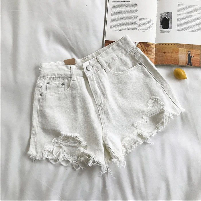 Shorts Vaqueros Mujer Cintura Alta | Denim Azul Coreano con Flecos y Detalles Y2K