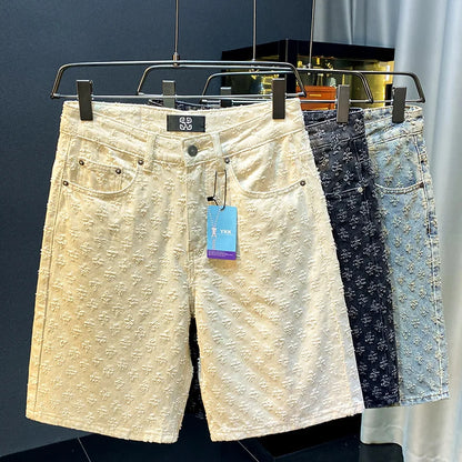 2025 new summer high-end denim shorts for men, loose straight leg oversized pants, retro embroidered five quarter pants