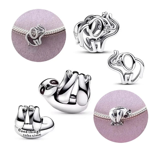 Charm Colgante Elefante y Perezoso en Plata 925 – Cuentas Caladas para Pulsera Original Mujer Joyería DIY